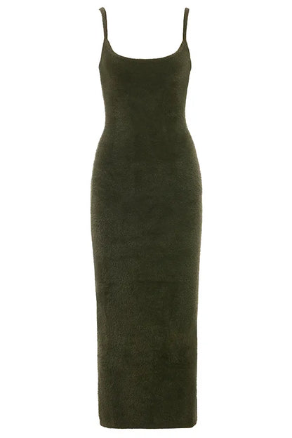 Fayette Khaki Soft Fluffy Knit Maxi Dress