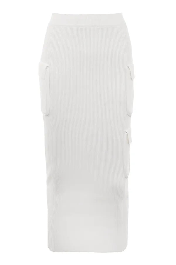Maeve White Ribbed Knit Cargo Skirt