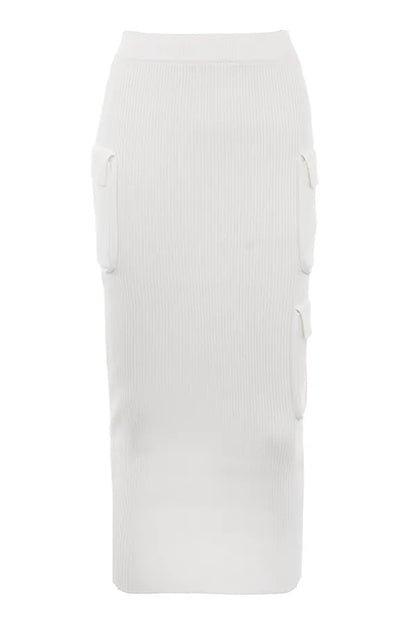 Maeve White Ribbed Knit Cargo Skirt