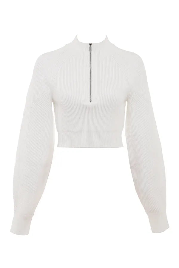 Reeva White Balloon Sleeve Ribbed Sweater