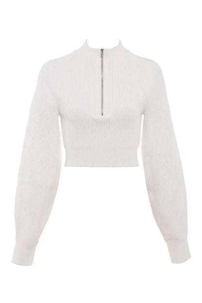Reeva White Balloon Sleeve Ribbed Sweater