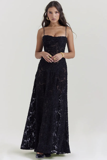 Seren Black Floral Lace Back Maxi Dress