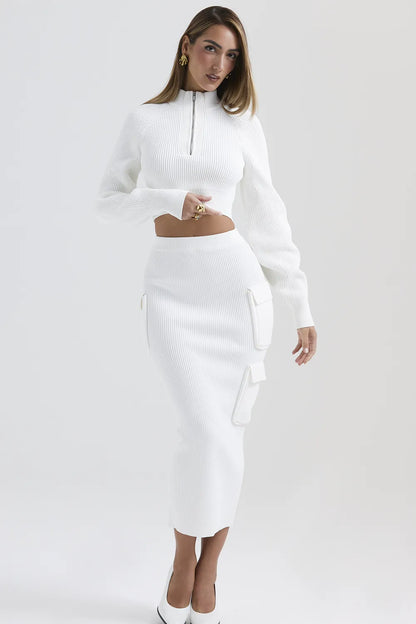 Reeva White Balloon Sleeve Ribbed Sweater