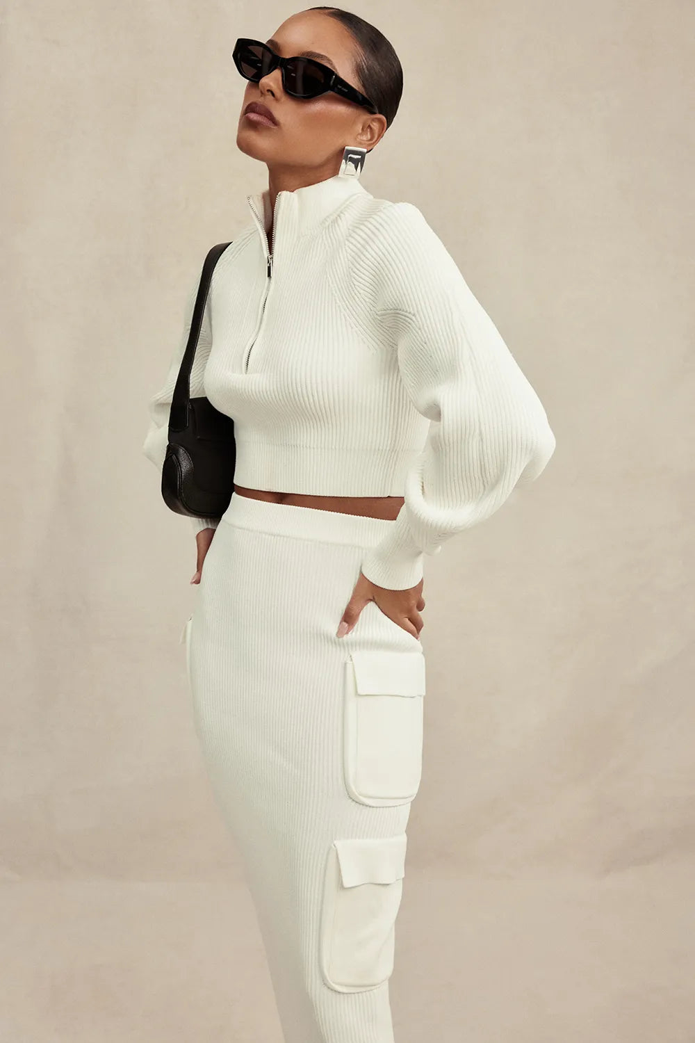 Maeve White Ribbed Knit Cargo Skirt