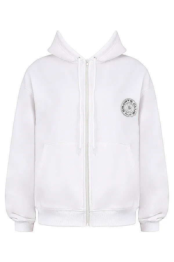 Mirage White Cotton Fleece-Back Zip Through Hoodie