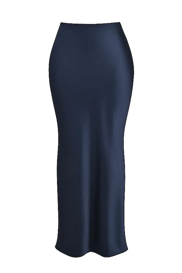 Charlene Navy Satin Bias Cut Maxi Skirt