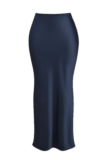 Charlene Navy Satin Bias Cut Maxi Skirt