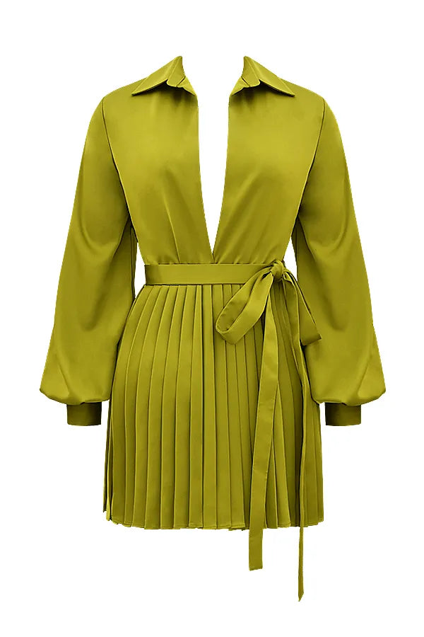 Allegra Chartreuse Pleated Shirt Dress