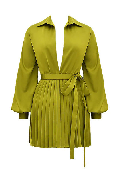 Allegra Chartreuse Pleated Shirt Dress