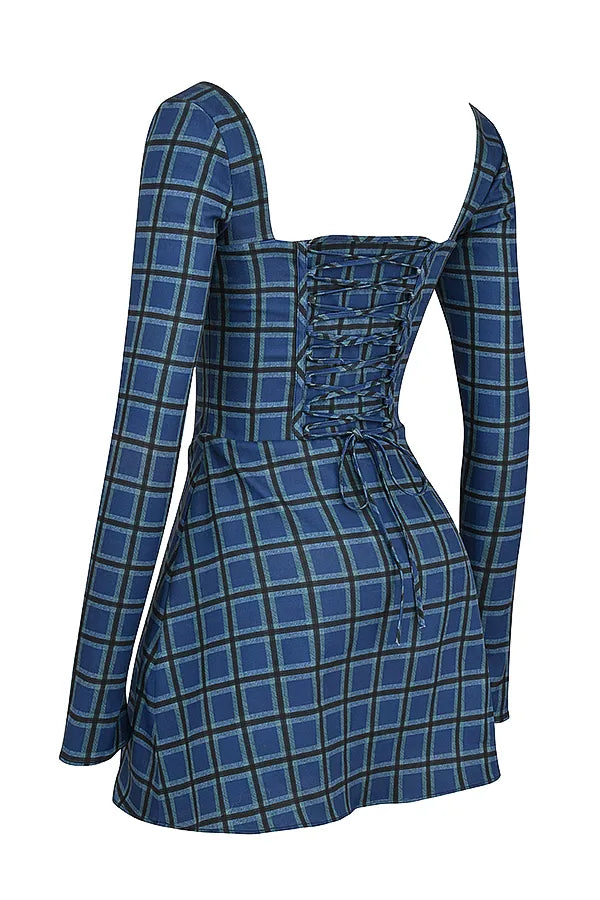 Malika Blue Tartan Corset Mini Dress