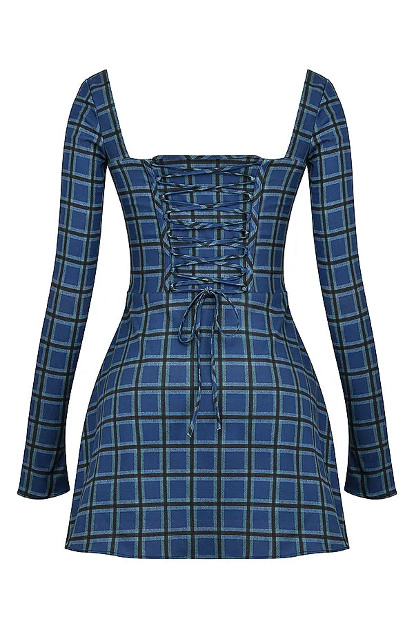 Malika Blue Tartan Corset Mini Dress