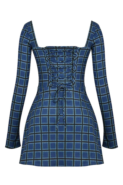 Malika Blue Tartan Corset Mini Dress