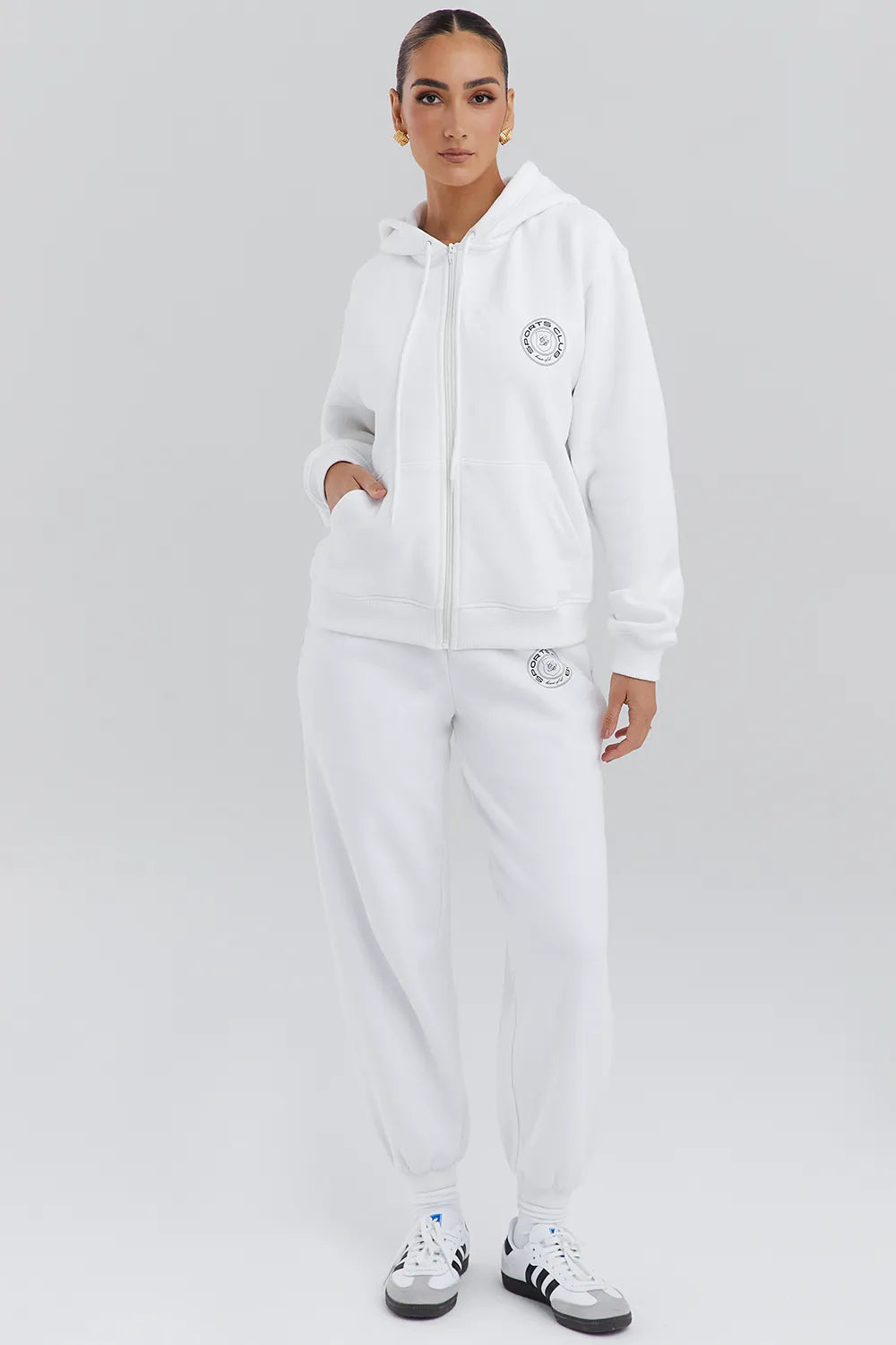 Mirage White Cotton Fleece-Back Zip Through Hoodie