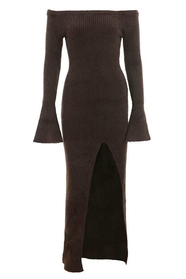 Lucena Espresso Knit Off Shoulder Dress