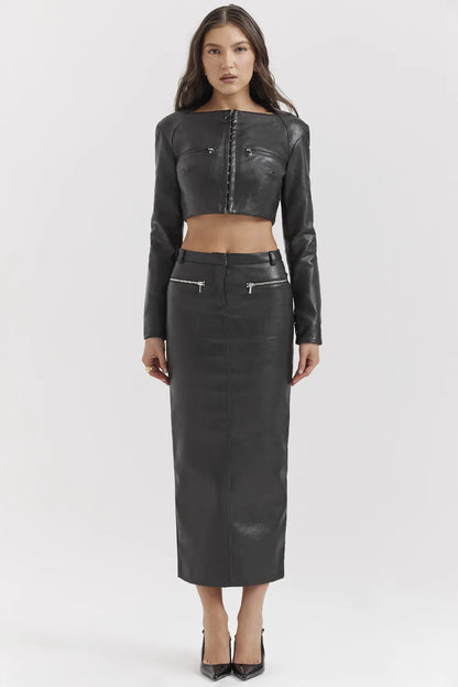 Tana Black Vegan Leather Maxi Skirt
