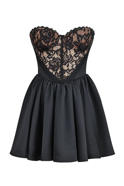Jadore Black Lace and Satin Strapless Mini Dress