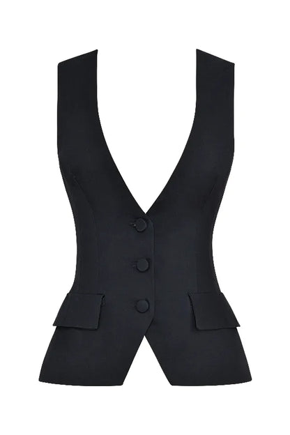 Juliet Black Sleeveless Tuxedo Top
