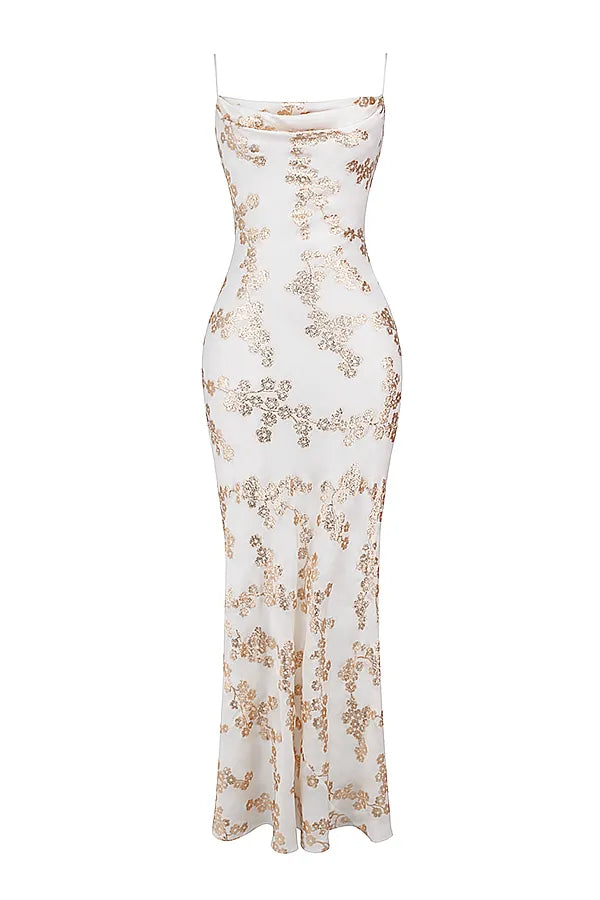 Capriana White & Gold Jacquard Satin Gown