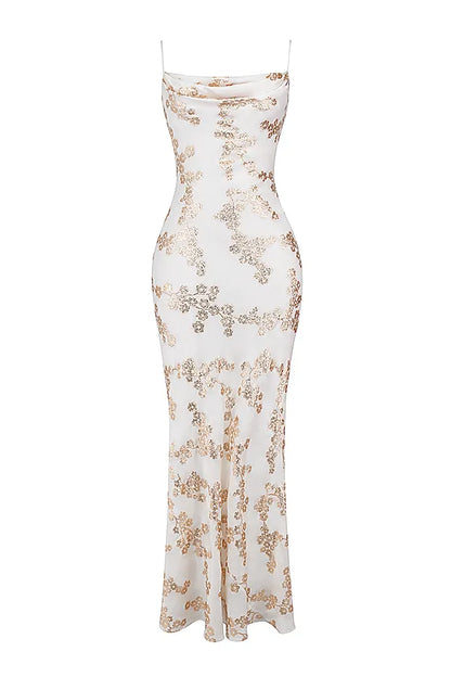 Capriana White & Gold Jacquard Satin Gown