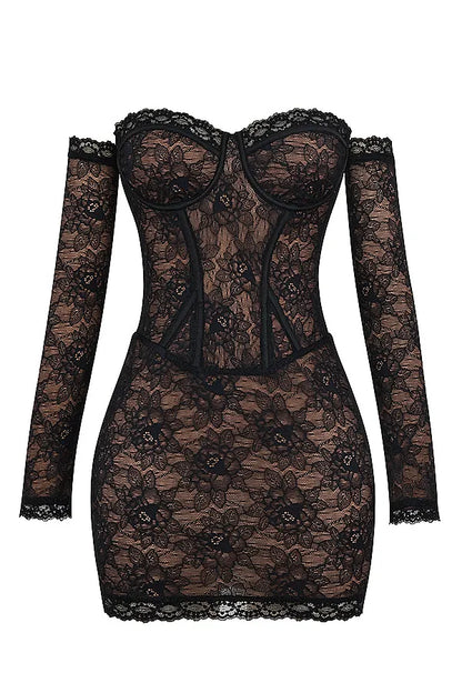 Mistress Rocks Black Lace Off Shoulder Mini Dress - SALE