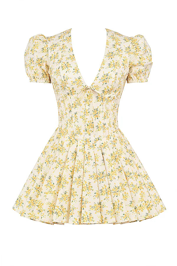 Imani Buttercup Vintage Floral Print Pleated Cotton Mini Dress