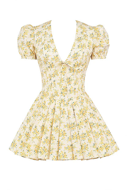 Imani Buttercup Vintage Floral Print Pleated Cotton Mini Dress