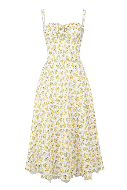 Rosalee White Vintage Floral Print Cotton Bustier Sundress