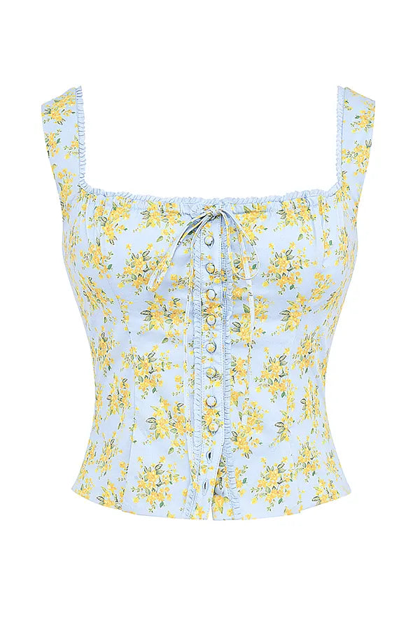 Juana Soft Blue Vintage Floral Print Cotton Top
