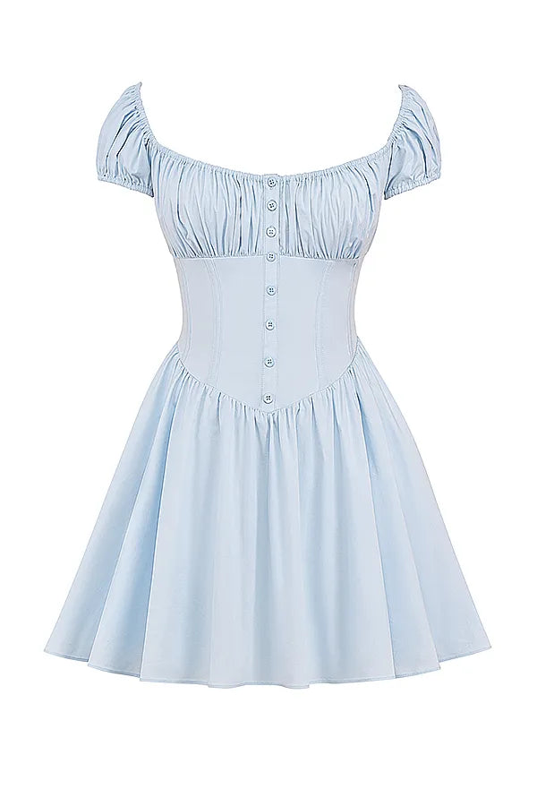 Nala Soft Blue Cotton Gathered Mini Dress
