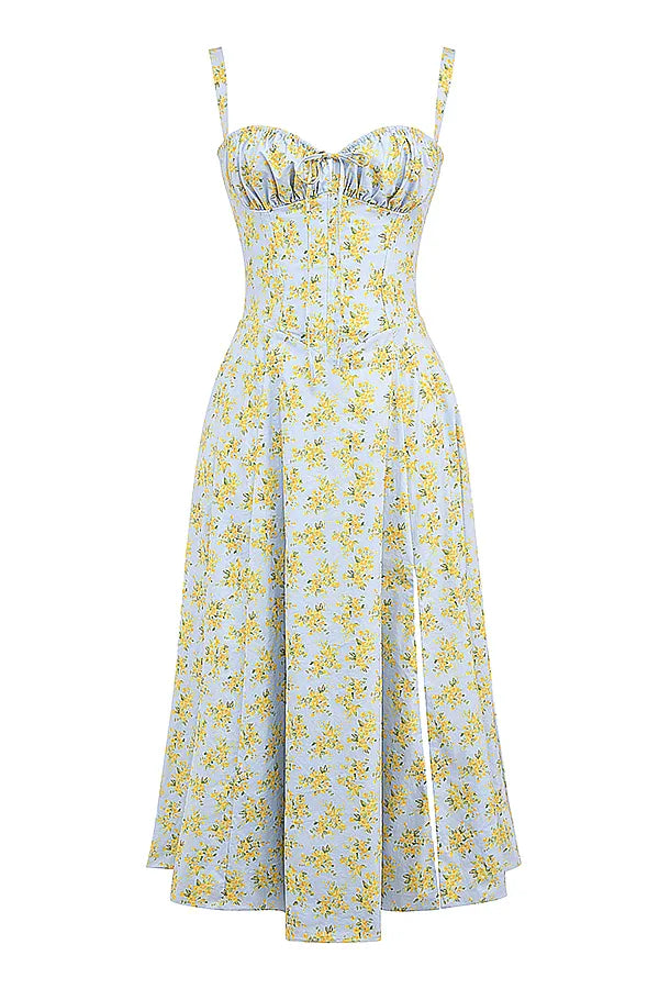 Carmen Soft Blue Vintage Floral Print Cotton Bustier Sundress