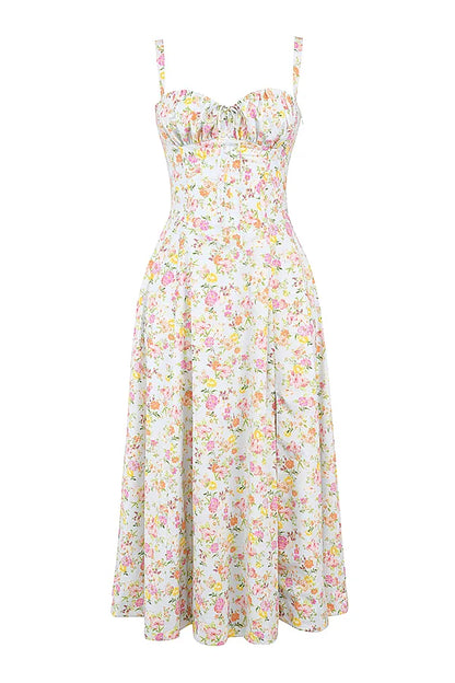Carmen Pale Blue Meadow Print Cotton Bustier Sundress