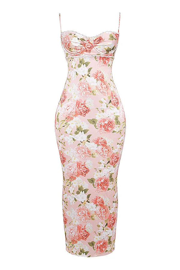 Josefina Pink Peony Print Satin Maxi Dress