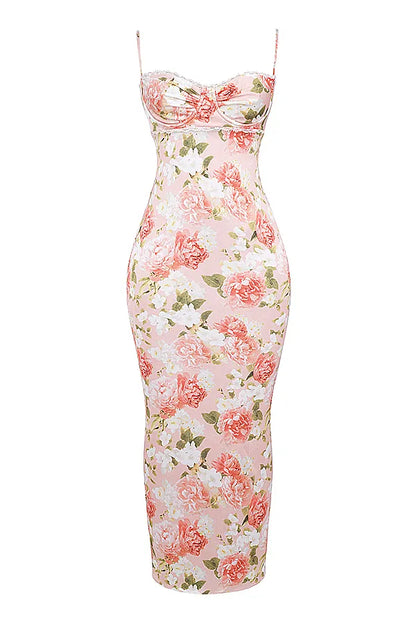Josefina Pink Peony Print Satin Maxi Dress
