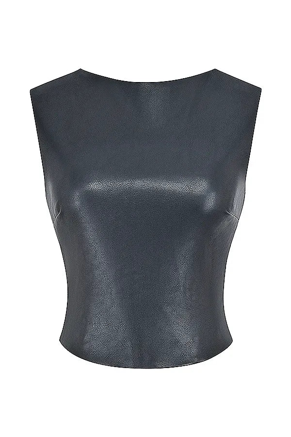 Mistress Rocks Black Vegan Leather Open Back Top - SALE