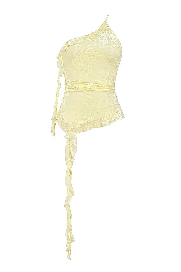 Mistress Rocks Lemon Devore Asymmetric Spiral Frill Top - SALE