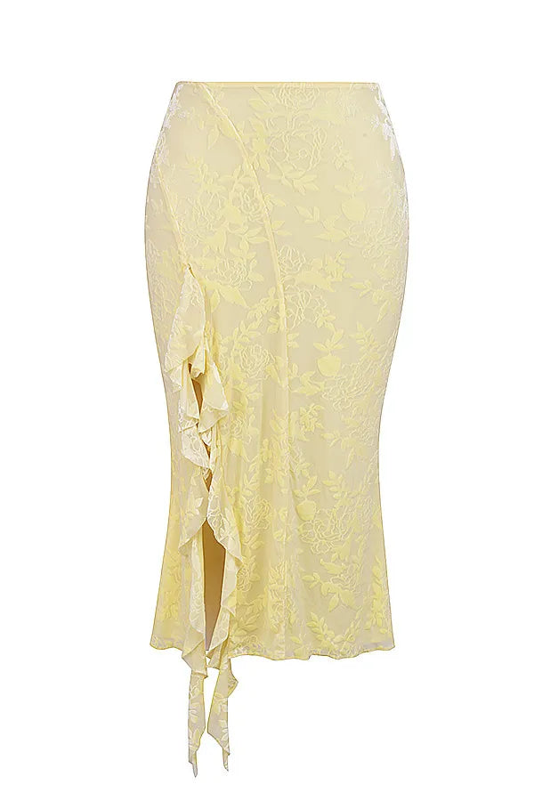 Mistress Rocks Lemon Devore Frill Midi Skirt - SALE