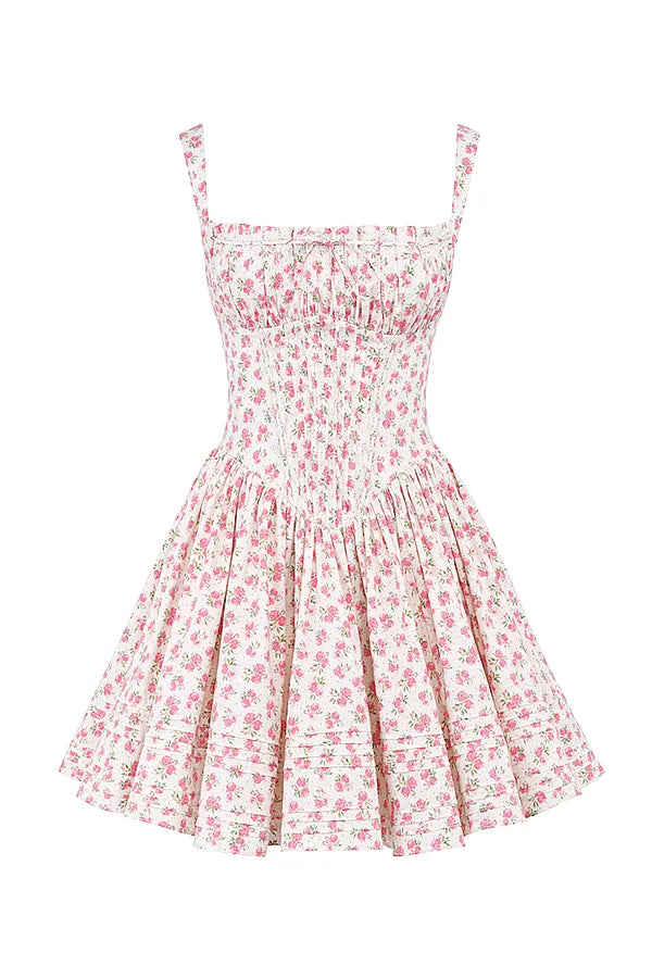Natassia White Rosebud Print Cotton Mini Dress