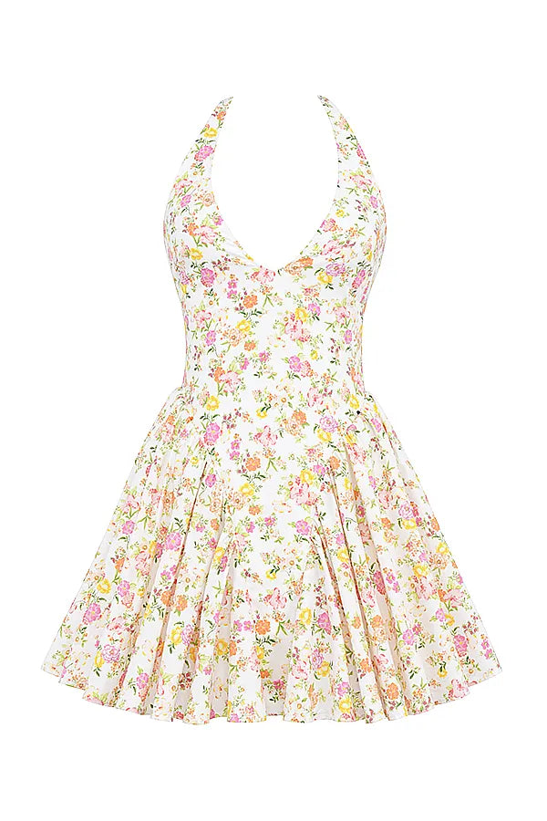 Valentia Ivory Meadow Print Cotton Halter Mini Dress