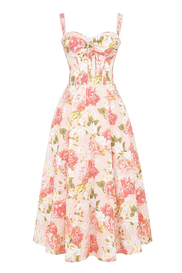 Rosalee Pink Peony Print Cotton Bustier Sundress