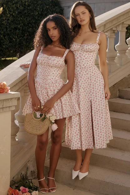 Carmen White Rosebud Print Cotton Bustier Sundress
