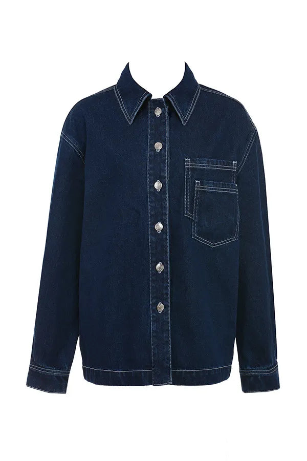 Mistress Rocks Dark Blue Oversized Denim Shirt - SALE