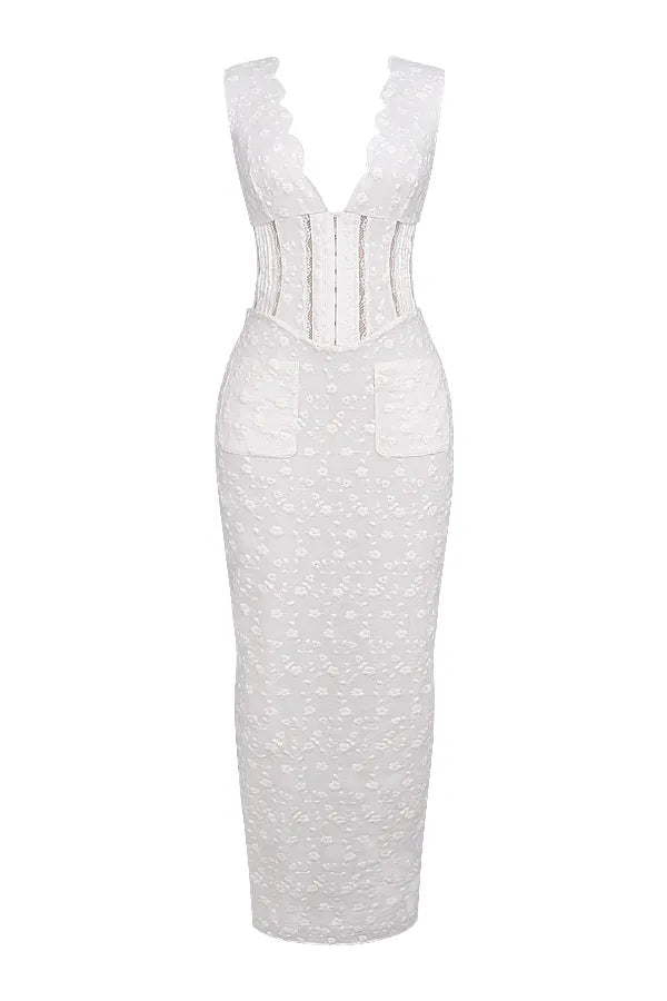 Sophina White Cotton Broderie Anglais Plunge Maxi Dress