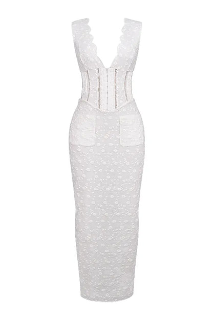 Sophina White Cotton Broderie Anglais Plunge Maxi Dress