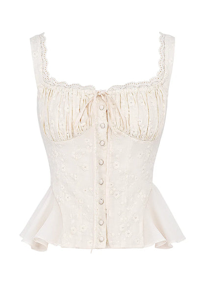 Jean Vintage Cream Cotton Broderie Anglais Peplum Top
