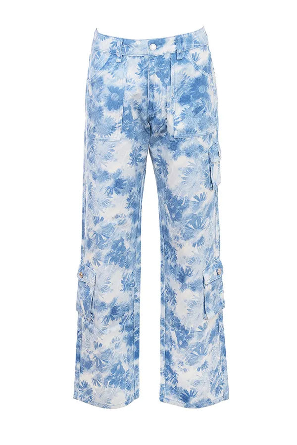Mistress Rocks Blue Floral Print Cargo Jeans - SALE