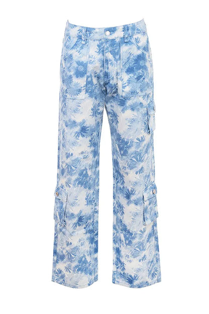 Mistress Rocks Blue Floral Print Cargo Jeans - SALE