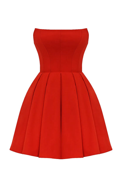 Emmanuela Italian Tomato Strapless Pleated Mini Dress