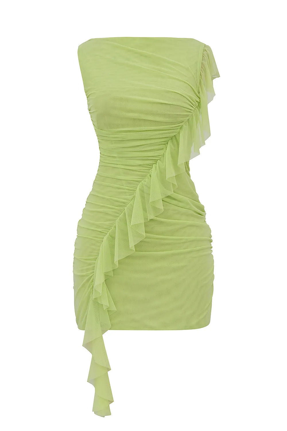 Mistress Rocks Matcha Boat Neck Gathered Ruffle Mini Dress - SALE