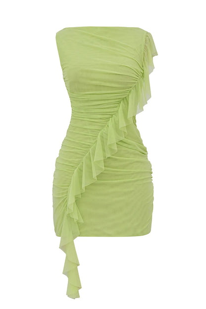 Mistress Rocks Matcha Boat Neck Gathered Ruffle Mini Dress - SALE