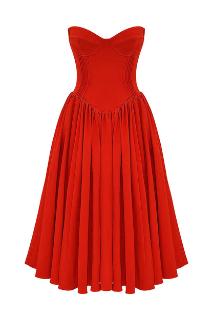 Elizabeth Italian Tomato Strapless Midi Sundress